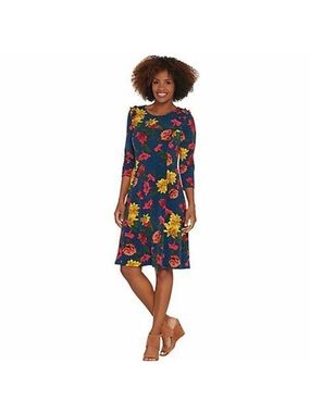 Susan Graver Navy Floral Midi Dress with 3/4 Sleeves